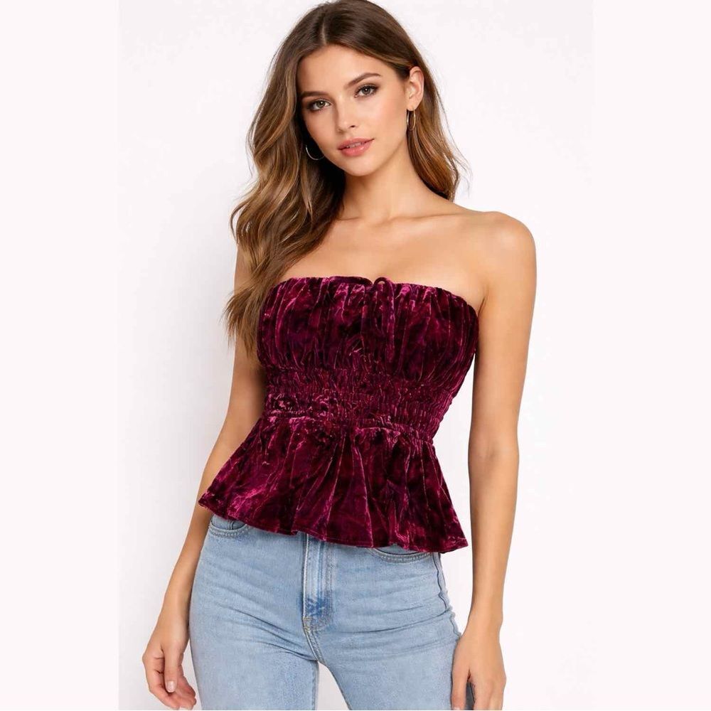 NWT Anthropologie Elegant Burgundy Red Velvet Strapless Tube Top Floral Blouse